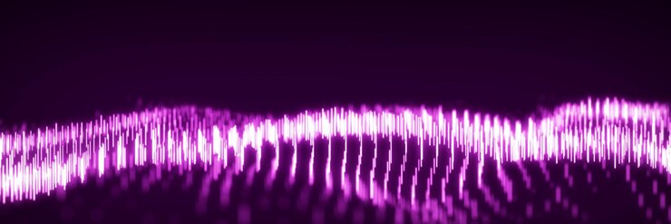 Foto fluxo de onda dinâmico abstrato de linhas verticais de brilho roxo em um fundo escuro conceito de fundo de onda digital visualização de big data renderização em 3d