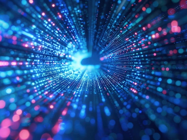 Fluxo dinâmico de partículas digitais em azul Um visual dinâmico e vibrante de partículas azuis em fluxo representando o fluxo de dados em uma rede de comunicação digital