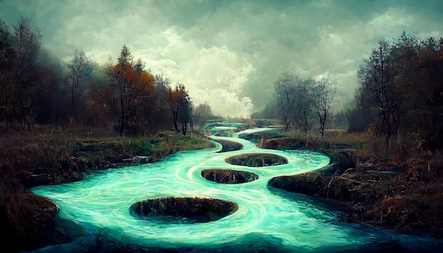 Fluxo mágico do rio através da floresta escura de outono Fluxo rápido do rio místico através da floresta Ilustração digital de um rio em uma floresta