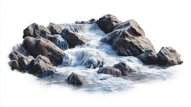 Fluxo rio de montanha isolado em fundo branco