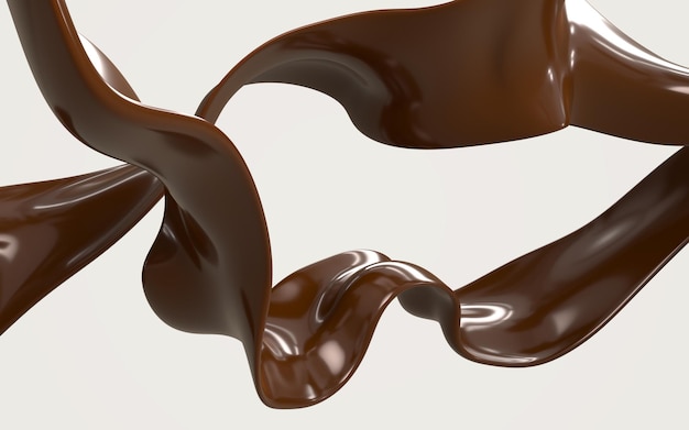 Fluxos de chocolate quente renderização 3d Ondas escuras marrons ou fitas curvas com textura brilhante líquida isolada no fundo branco Fluxos de elementos gráficos fluidos abstratos para anúncio de banner