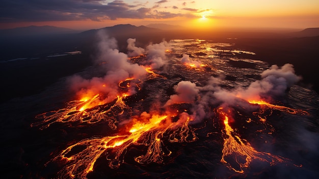 Fluxos de lava em um vulcão ativo vista aérea do Monte Fagradalsfjall, na Islândia
