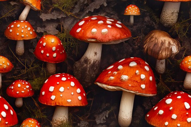 Fly agaric cogumelos padrão sem costura Modelo para tecidos têxteis papel de parede decoração de interiores Ilustração generativa AI