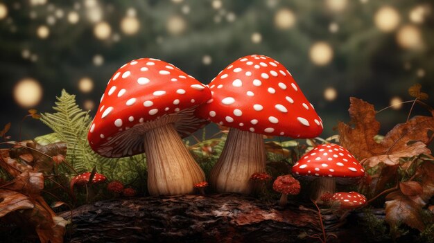 Fly agaric Pilze, die auf dem Waldboden wachsen und mit generativer KI-Technologie erstellt wurden