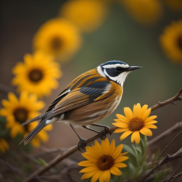 Flycatcher de garganta vermelha Ficedula zanthopygia empoleirado em uma flor amarela generativa ai