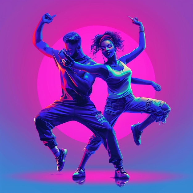 Flyer Dos bailarines joven y mujer bailando hip-hop en ropa deportiva casual juvenil en