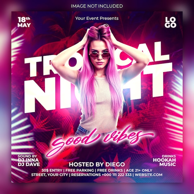 Flyer para fiesta nocturna tropical: evento con buen ambiente