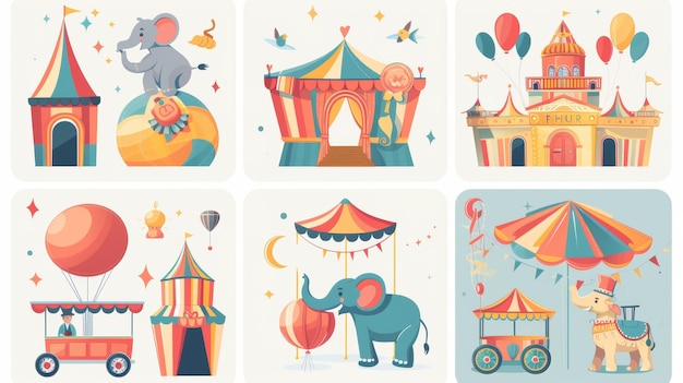 Foto flyer für den karneval funfair illustration von elefanten auf einem ball ein zelt und ein lebensmittelwagen modernes cartoon-set von festivalflyern mit ballons eine zirkusbühne und ein magisches schloss