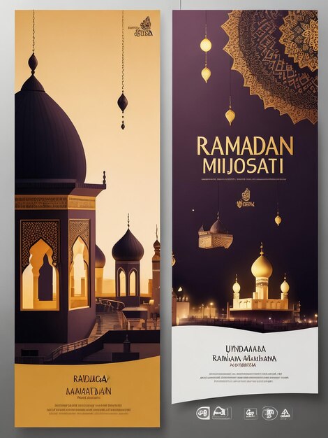 Foto flyer de mubarak de ramadán con texto dorado y fondo azul oscuro