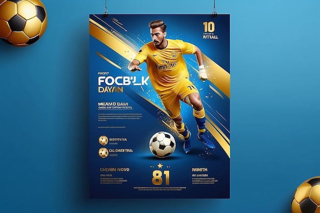 Flyer ou cartaz de competição de futebol com modelo realista dourado