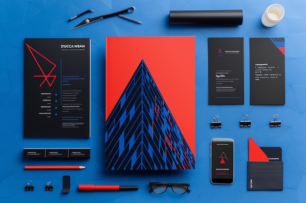 Flyer de perfil de una empresa creativa moderna roja y azul y negra