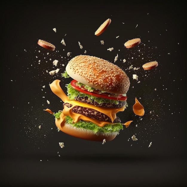 Flying deliciosa hamburguesa con queso con bollos de lechuga de tomate de carne y cayendo sobre fondo negro ai generativo