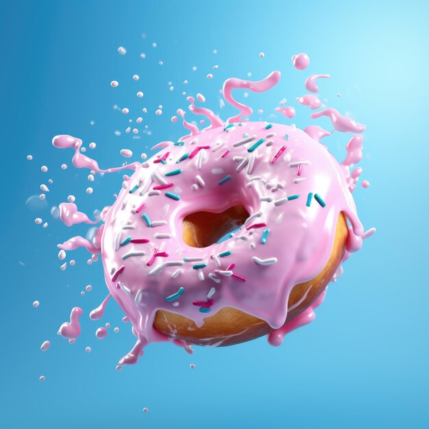Flying Frosted sprinkled donut derretido isolado de gelo rosa