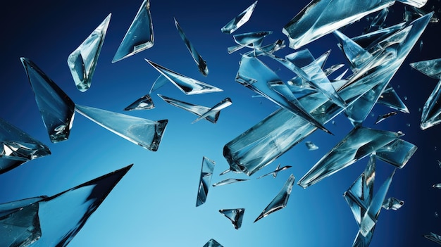 Foto flying glass fragments on a blue background