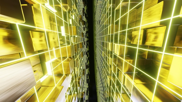 Flying Grid On Gold Cube Background für Werbung in der Sci-Fi- und Technologie-Innovationsszene.