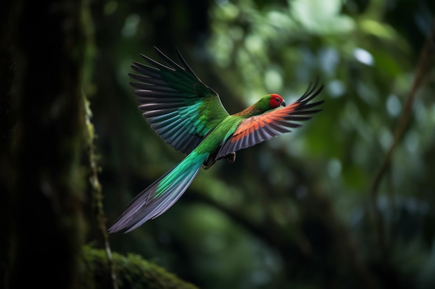 Flying Resplandeciente Quetzal Pharomachrus mocinno Savegre en Costa Rica con bosque verde