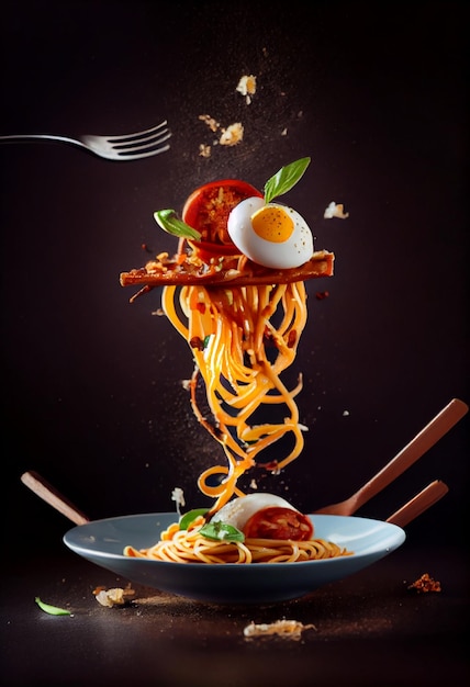 Flying Spaghetti con pollo y verduras en una sartén sobre fondo negro AI generado