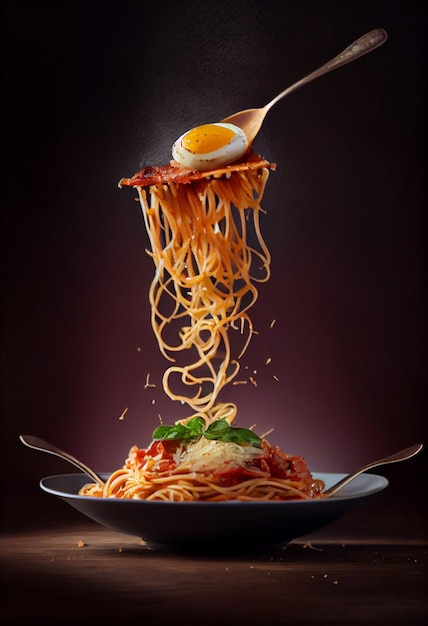 Flying Spaghetti con pollo y verduras en una sartén sobre fondo negro AI generado