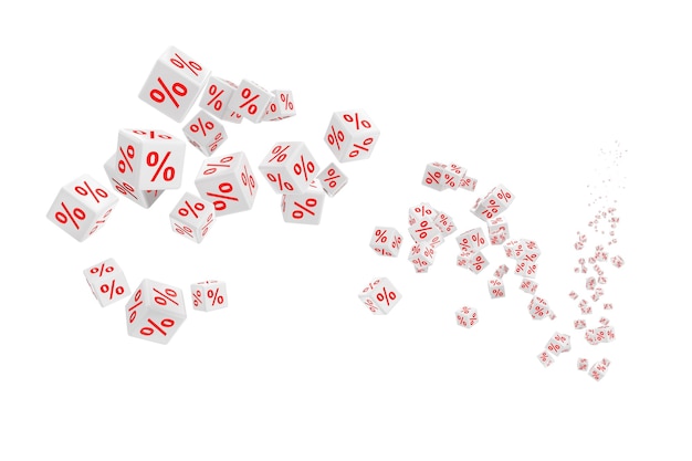 Flying White Percent Sale Cubes auf weißem Hintergrund. 3D-Rendering.