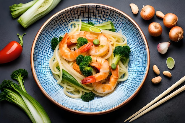 Flying wok ingredientes camarão legumes pak choi folhas cebolas e amendoins Entrega de comida asiática