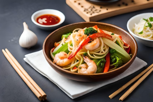 Flying wok ingredientes camarão legumes pak choi folhas cebolas e amendoins Entrega de comida asiática