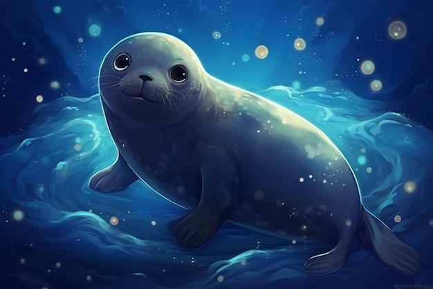 Una foca en el agua con un fondo azul.