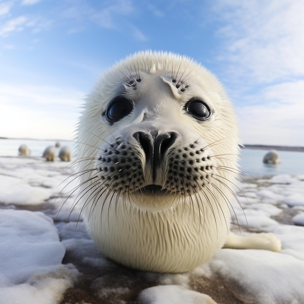 Foto foca blanca bebé olfateando el retrato de la cara de la cámara