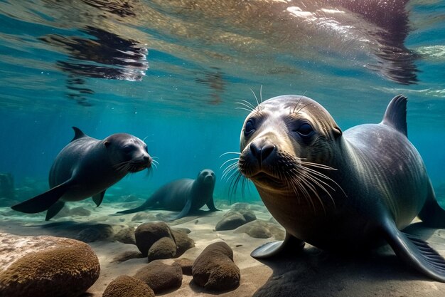 Foca de peles de Galápagos Arctocephalus galapagoensis leão nadando em águas tropicais