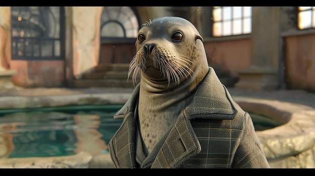 Foto una foca elegante con una chaqueta de tweed está de pie en una fuente mirando directamente a la cámara