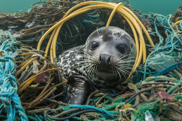 Foca entre los escombros marinos