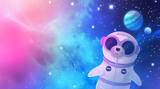 Foto foca espacial bonita vestida com fato de astronauta com óculos de sol em rosa e azul generative ai