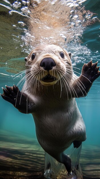 una foca está en el agua con la boca abierta