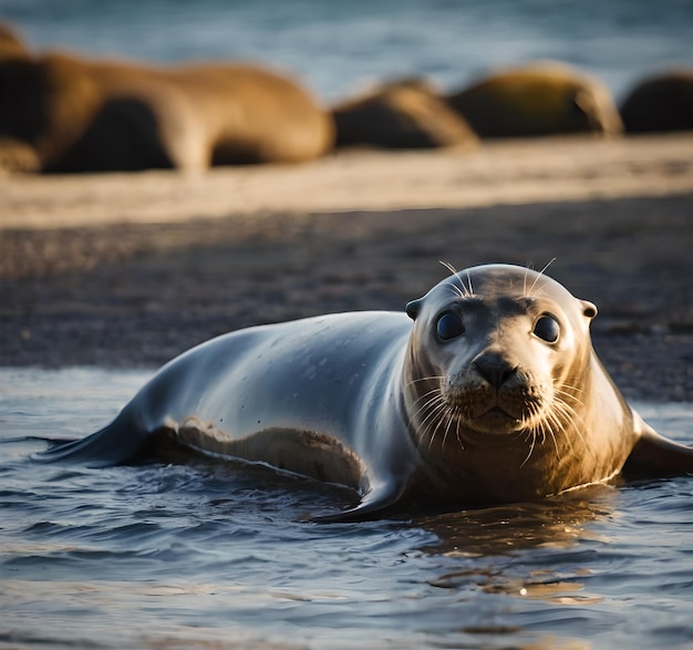 una foca está en el agua con otras focas en el fondo