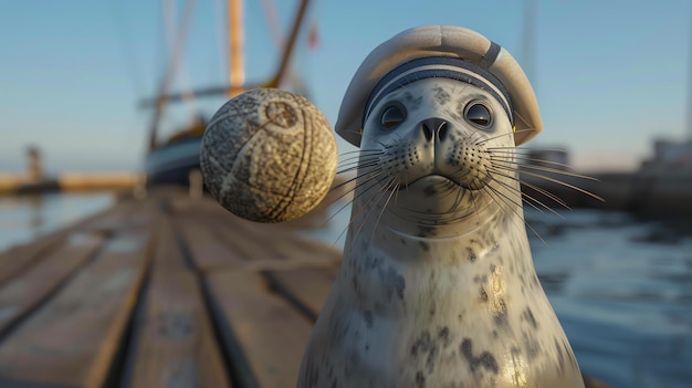 Una foca linda con un sombrero de capitán está equilibrando una pelota de fútbol en su nariz El fondo es una imagen borrosa de un puerto