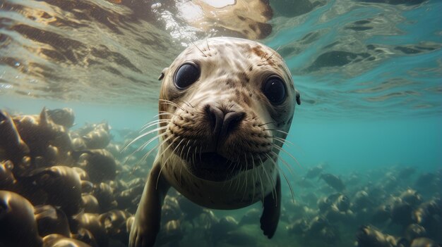 foca nada bajo el agua en el mar