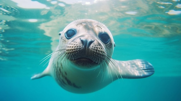 Una foca nadando bajo el agua en el agua con los ojos abiertos.