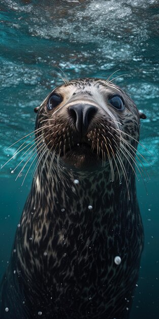 una foca nadando en el agua con el océano en el fondo