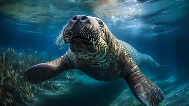 foca nadando bajo el agua en el océano IA generativa