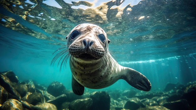 Una foca nadando bajo el agua en el océano imagen generativa de ai