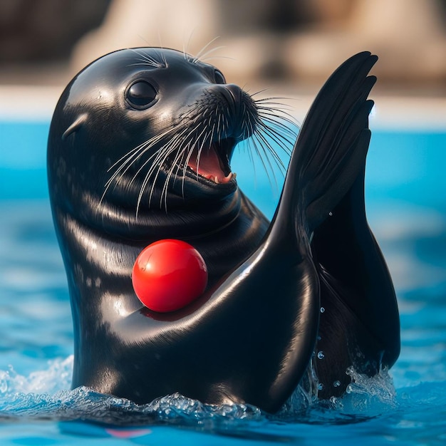 Foto una foca negra y juguetona golpeando sus aletas en una piscina azul con una pelota roja en su nariz