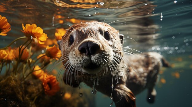 Foca de pelaje bajo el agua con flores