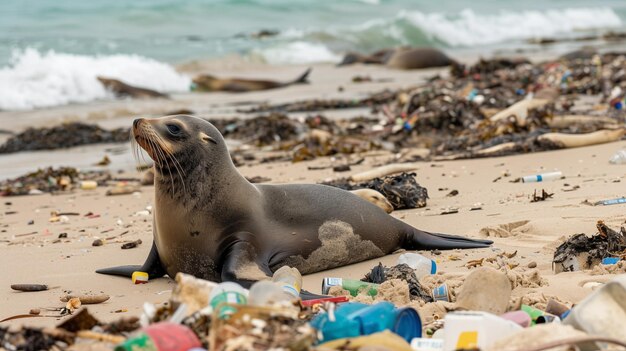 Una foca de pelaje entre la basura en la costa Catástrofe ecológica