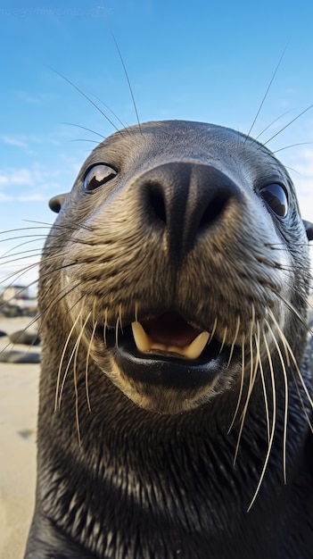 La foca de pelaje toca la cámara tomando una selfie Retrato selfie gracioso de un animal