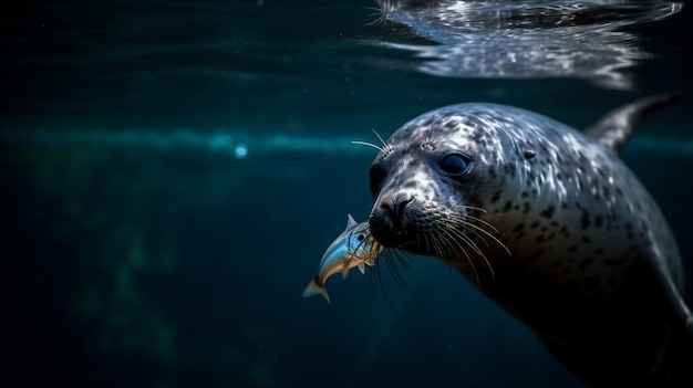 Una foca con un pez en la boca