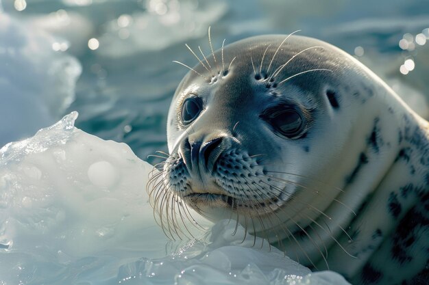 Una foca serena descansa en el hielo su mirada calma y consciente