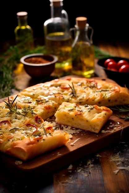 Focaccia com tomates na mesa Alimentação AI generativa