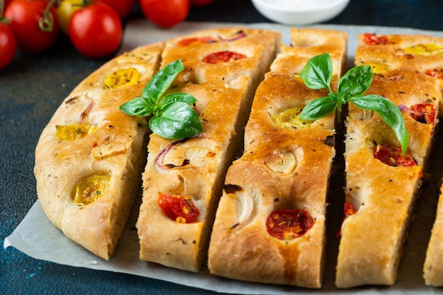 Focaccia italiana casera con albahaca y tomates comida italiana pan italiano