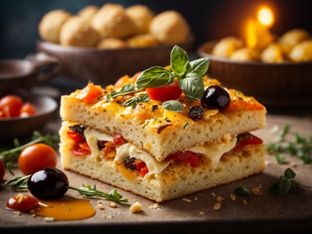 Focaccia italiana levedada plana pão italiano assado no forno em fundo de estúdio foto de comida cinematográfica