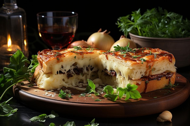 Foto focaccia italiana con tres tipos de queso y perejil