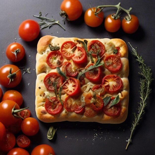 Focaccia con tomates en la mesa AI generativa Alimentos ai generados